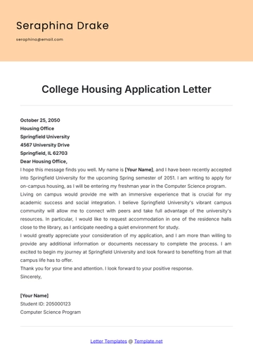 Free College Housing Application Letter Template to Edit Online
