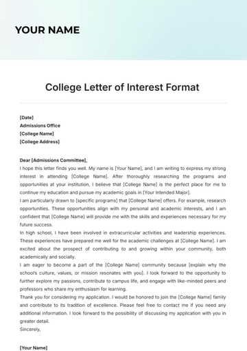 Free College Letter of Interest Format Template to Edit Online