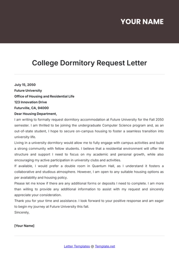 Free College Dormitory Request Letter Template to Edit Online