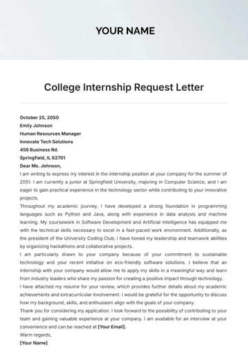 Free College Internship Request Letter Template to Edit Online