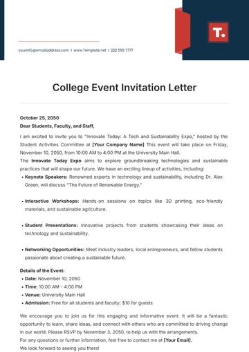 Free College Event Invitation Letter Template to Edit Online