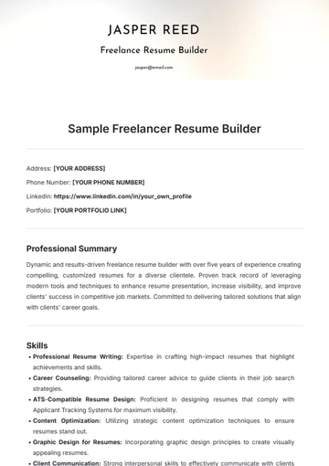 Free Sample Freelancer Resume Builder Template to Edit Online