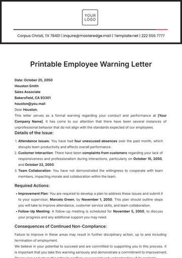 Free Printable Employee Warning Letter Template to Edit Online
