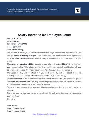 Free Salary Increase for Employee Letter Template to Edit Online
