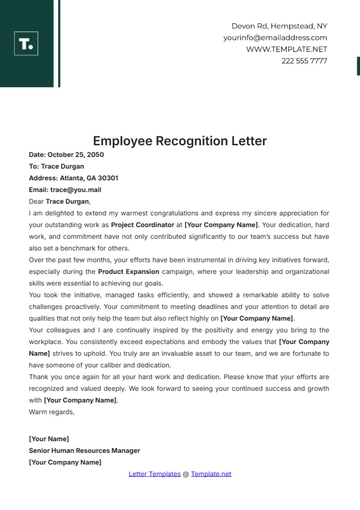 Free Employee Recognition Letter Template to Edit Online