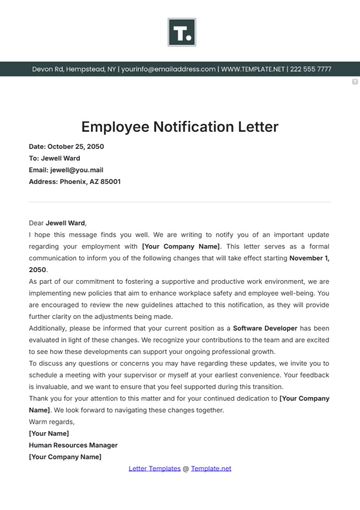 Free Employee Notification Letter Template to Edit Online