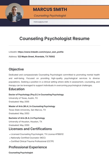 Free Counseling Psychologist Resume Template to Edit Online