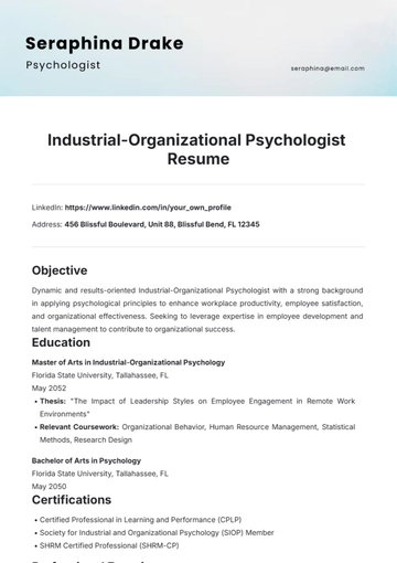 Free Industrial-Organizational Psychologist Resume Template to Edit Online