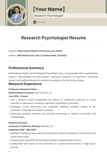 Free Research Psychologist Resume Template to Edit Online