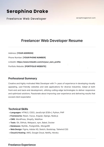 Free Freelancer Web Developer Resume Template to Edit Online