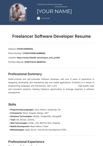 Free Freelancer Software Developer Resume Template to Edit Online