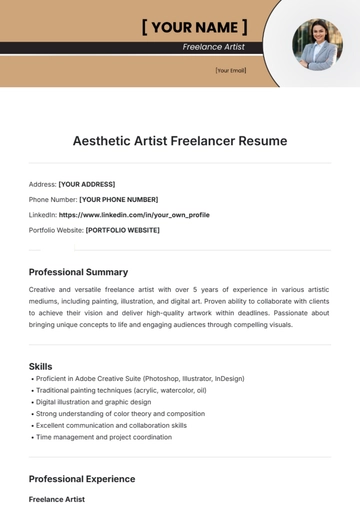 Free Aesthetic Artist Freelancer Resume Template to Edit Online