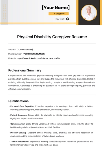 Free Physical Disability Caregiver Resume Temlate to Edit Online