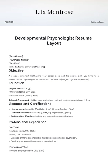 Free Developmental Psychologist Resume Layout Template to Edit Online
