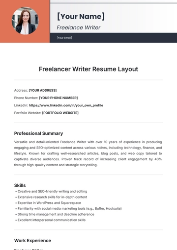 Free Freelancer Writer Resume Layout Template to Edit Online