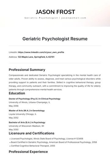 Free Geriatric Psychologist Resume Template to Edit Online