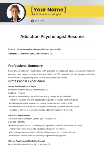 Free Addiction Psychologist Resume Template to Edit Online