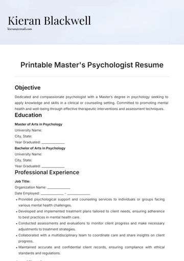 Free Printable Masters Psychologist Resume Template to Edit Online
