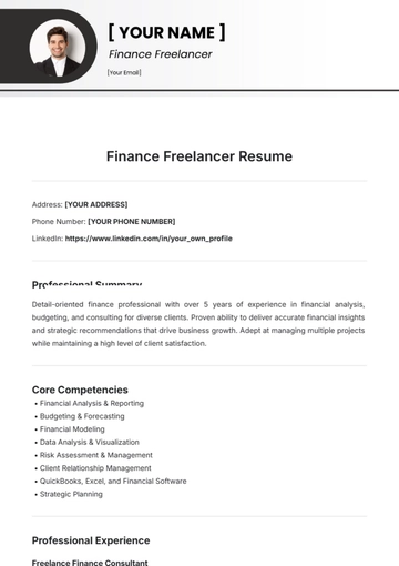 Free Finance Freelancer Resume Template to Edit Online
