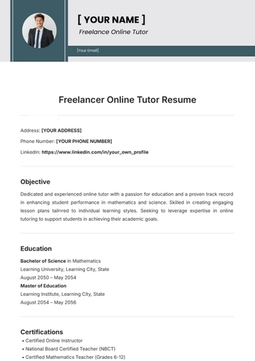 Free Freelancer Online Tutor Resume Template to Edit Online