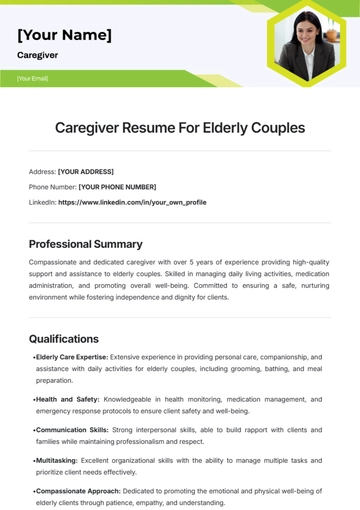 Free Caregiver Resume For Elderly Couples Template to Edit Online
