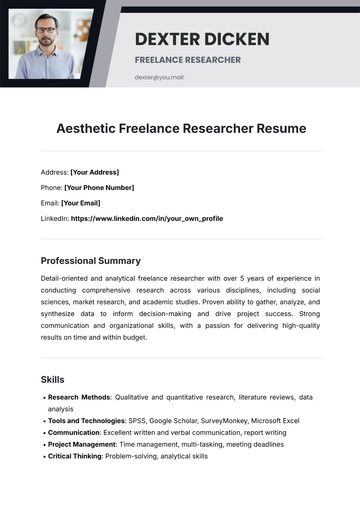 Free Aesthetic Freelance Researcher Resume Template to Edit Online