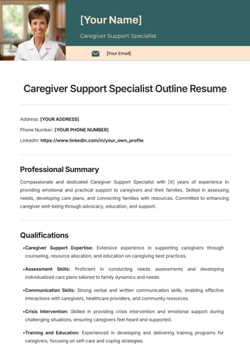 Free Caregiver Support Specialist Outline Resume Template to Edit Online