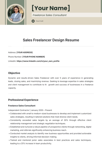 Free Sales Freelancer Design Resume Template to Edit Online