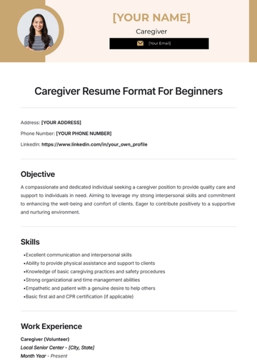 Free Caregiver Resume Format For Beginners Template to Edit Online