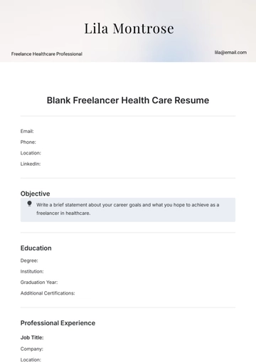 Free Blank Freelancer Health Care Resume Template to Edit Online