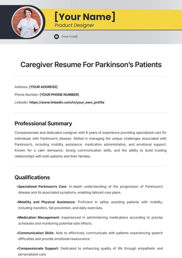Free Caregiver Resume For Parkinson???s Patients Template to Edit Online