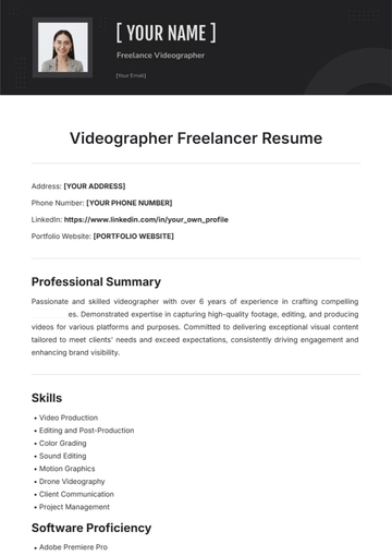 Free Videographer Freelancer Resume Template to Edit Online