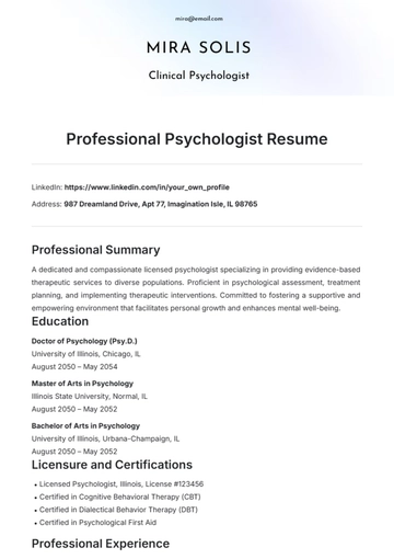 Free Professional Psychologist Resume Template to Edit Online
