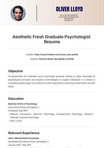 Free Aesthetic Fresh Graduate Psychologist Resume Template to Edit Online