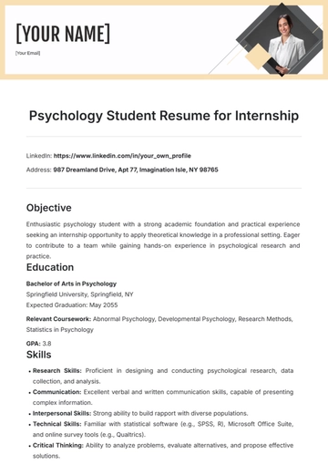Free Psychology Student Resume for Internship Template to Edit Online