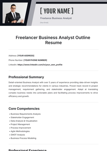 Free Freelancer Business Analyst Outline Resume Template to Edit Online