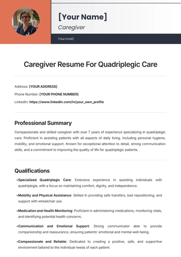 Free Caregiver Resume For Quadriplegic Care Template to Edit Online