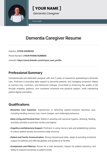 Free Dementia Caregiver Resume Template to Edit Online