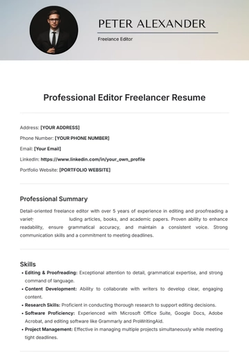 Free Professional Editor Freelancer Resume Template to Edit Online