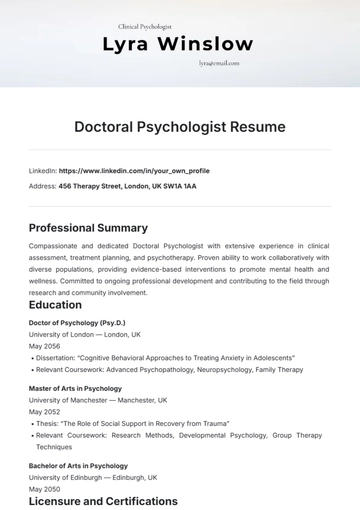 Free Doctoral Psychologist Resume Template to Edit Online