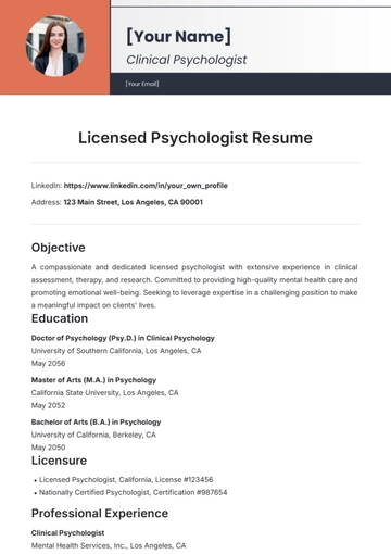 Free License Psychologist Resume Template to Edit Online