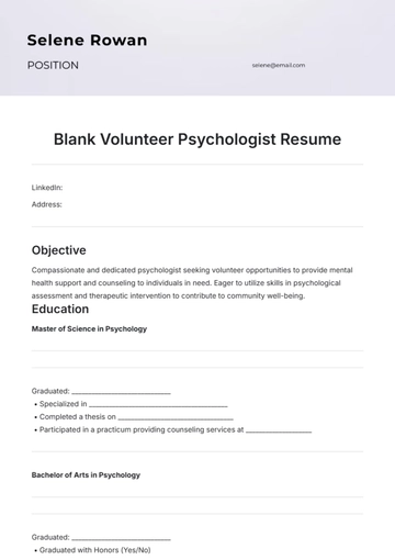 Free Blank Volunteer Psychologist Resume Template to Edit Online