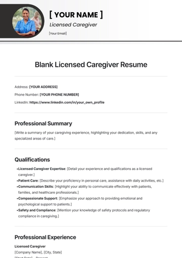 Free Blank Licensed Caregiver Resume Template to Edit Online