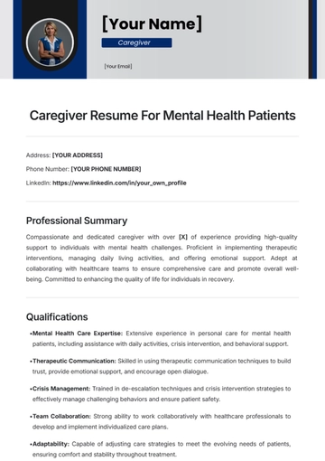 Free Caregiver Resume For Mental Health Patients Template to Edit Online