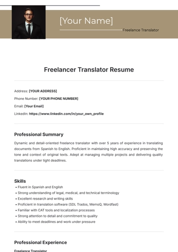 Free Freelancer Translator Resume Template to Edit Online