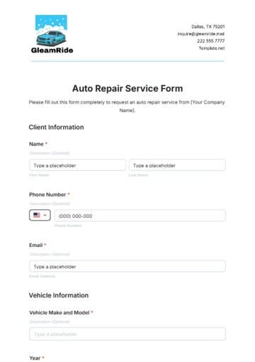 Free Auto Repair Service Form Template to Edit Online