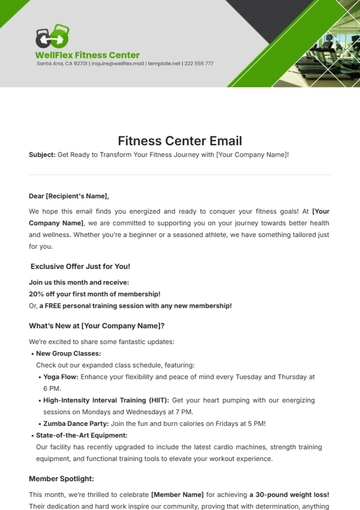 Free Fitness Center Email Template to Edit Online