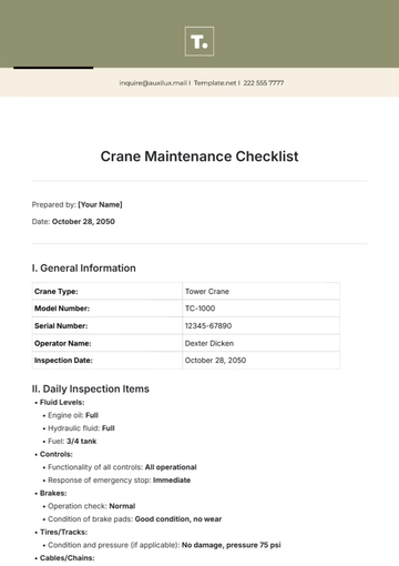 Free Crane Maintenance Checklist Template to Edit Online