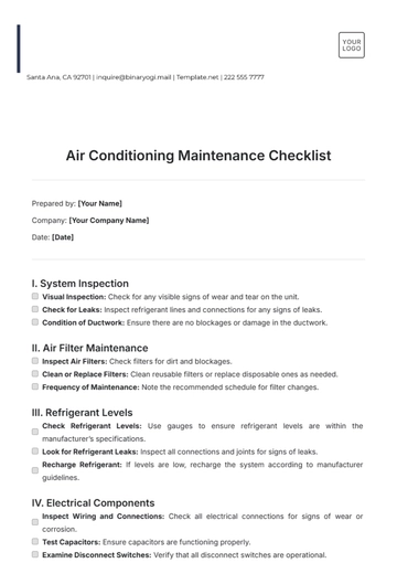 Free Air Conditioning Maintenance Checklist Template to Edit Online