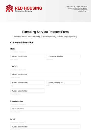 Free Plumbing Service Request Form Template to Edit Online